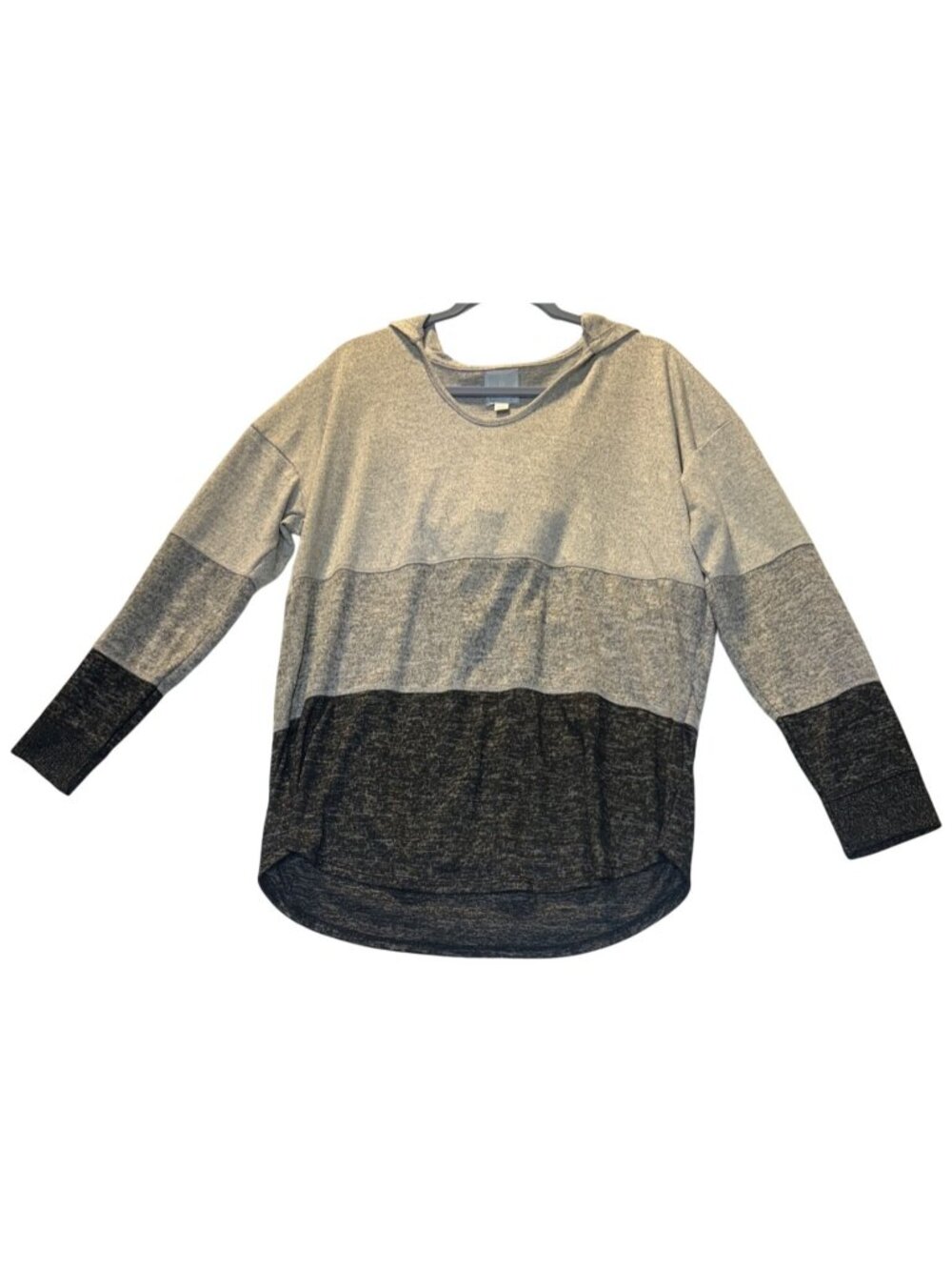 Dressbarn Sunday Large Colorblock Lightweight Hooded Pullover Top- Gray & Black